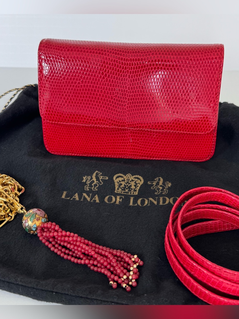 LANA of LONDON vintage red lizard bag clutch gold chain/leather strap Lana Marks